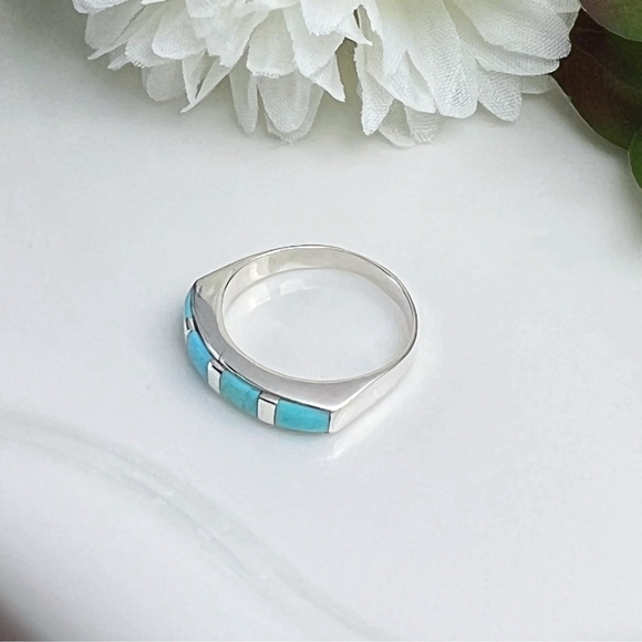 Vintage Inlay Genuine Blue Turquoise Ring Size 7 Sterling Silver 925 - Picture 3 of 12